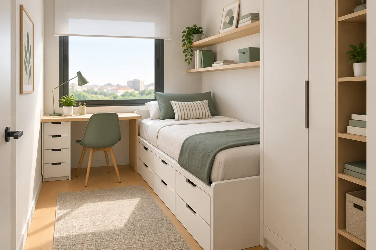 Ejemplo de dormitorio pequeño bien aprovechado