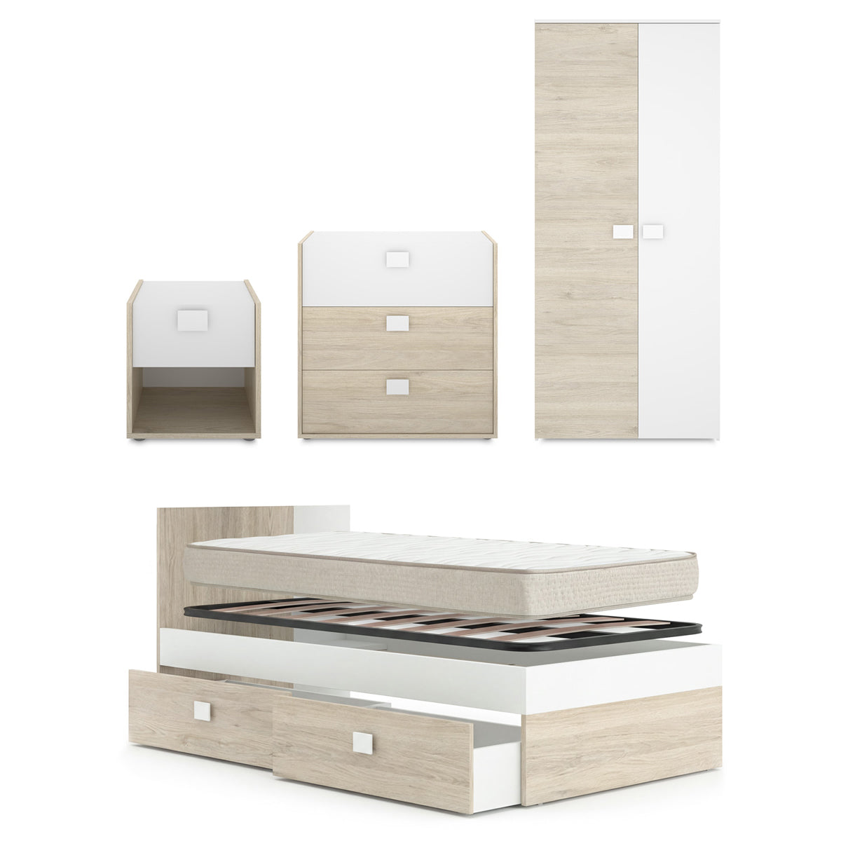 Pack poupança juvenil Quarto completo Dina com Colchão Nova 90 x 190 cm e Estrado