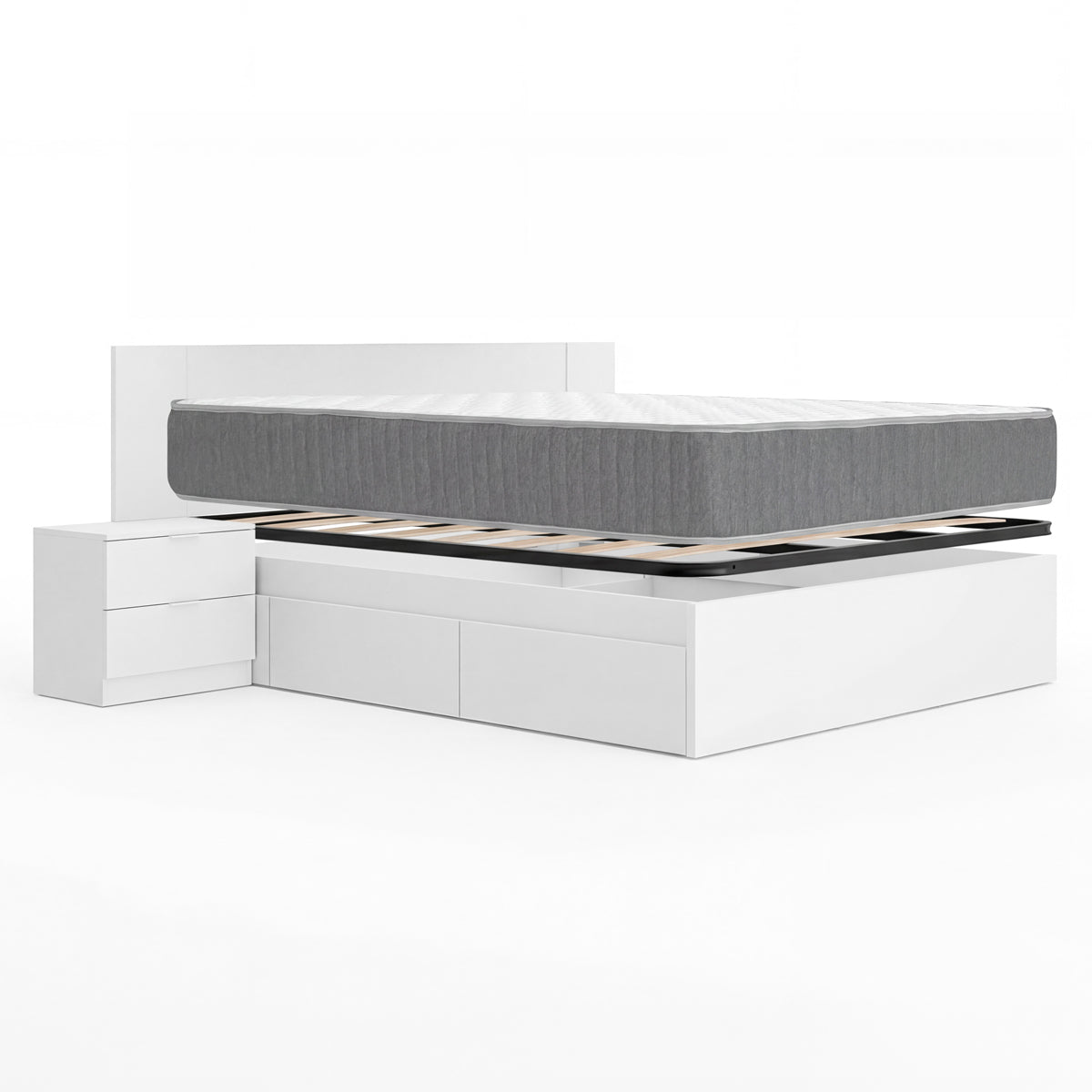 Pack poupança de casamento Cama compacta, Cabeceira e 2 Mesinhas de cabeceira Len, Colchão viscoelástico e de molas Aurea e Estrado de ripas 150 x 190 cm