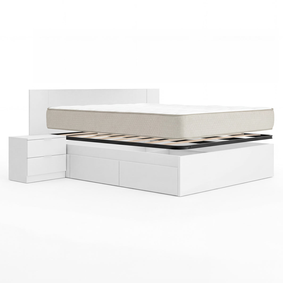 Pack poupança casamento Cama compacta, Cabeceira e 2 Mesas de cabeceira Len, Colchão viscoelástico Nova Plus e Estrado 150 x 190 cm