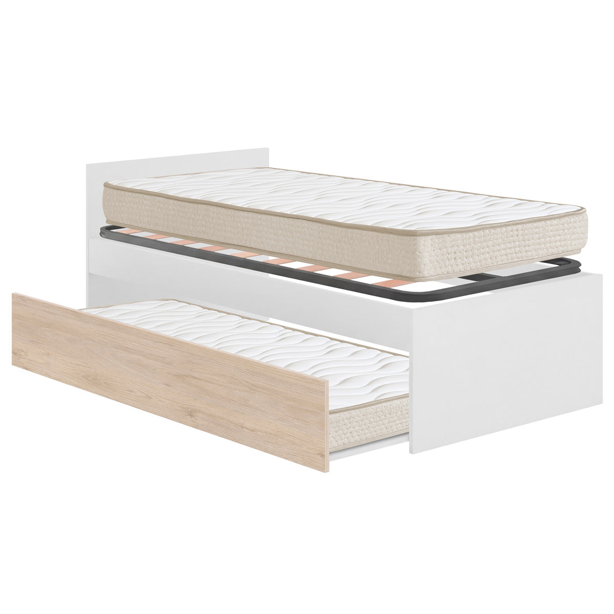 Pack poupança juvenil Cama auxiliar com Cabeceira Top, 1 Estrado e 2 Colchões viscoelásticos Nova 90 x 190 cm
