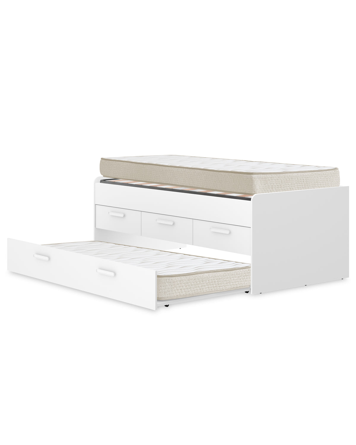 Pack poupança juvenil Cama auxiliar Leka com 3 gavetas, 1 Estrado e 2 Colchões viscoelásticos Nova 90 x 190 cm