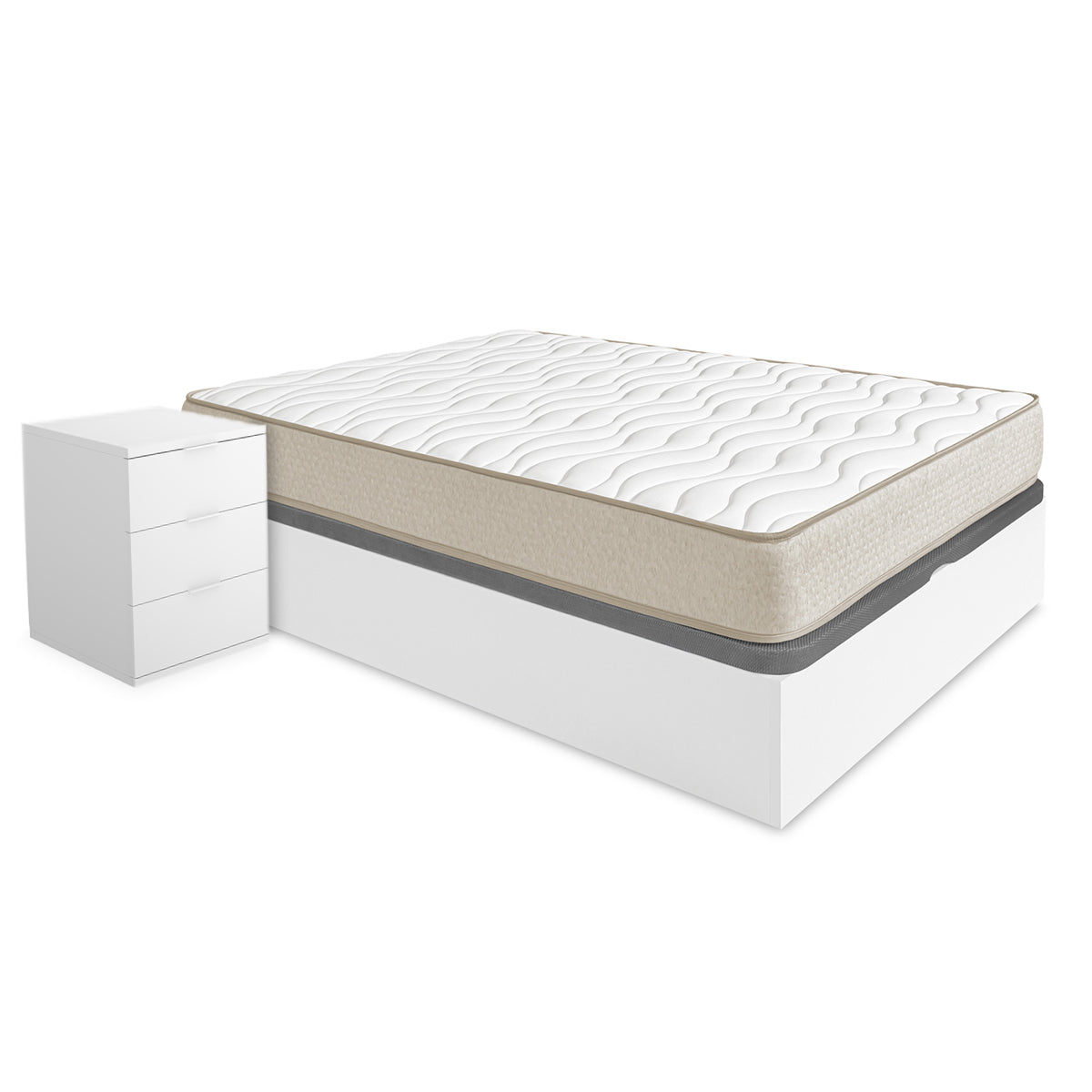 Pack poupança casal: Canapé Nest, 2 Mesas de cabeceira e Colchão viscoelástico Nova Plus 150 x 190 cm