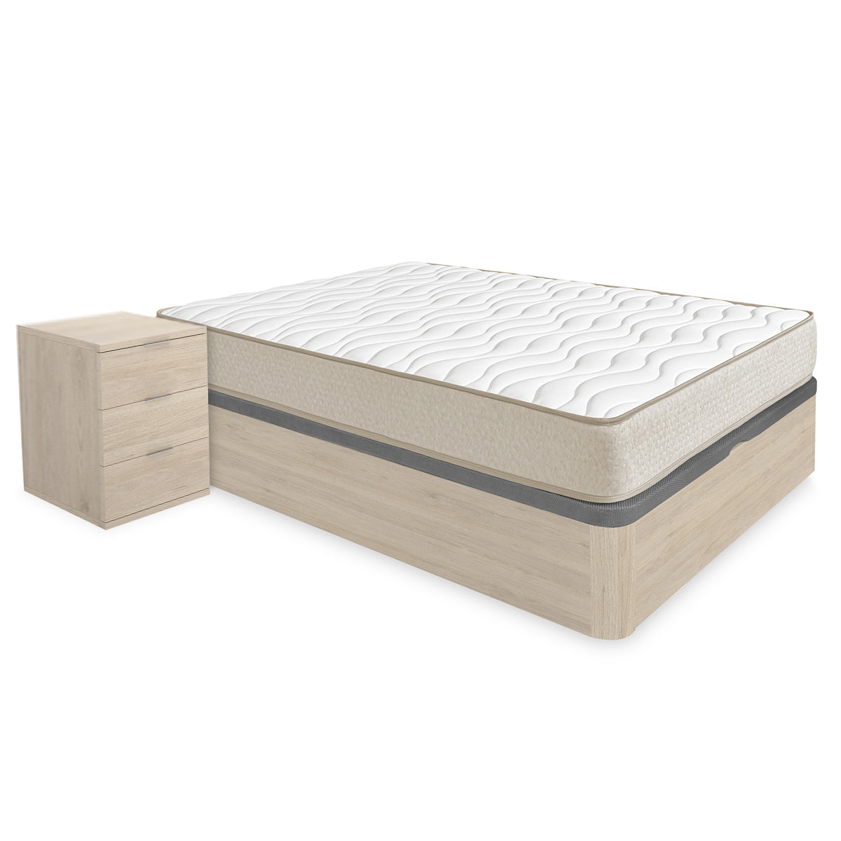 Pack poupança Casamento Canapé Round, 2 Mesas de Cabeceira e Colchão Viscoelástico Nova Plus 135 x 190 cm
