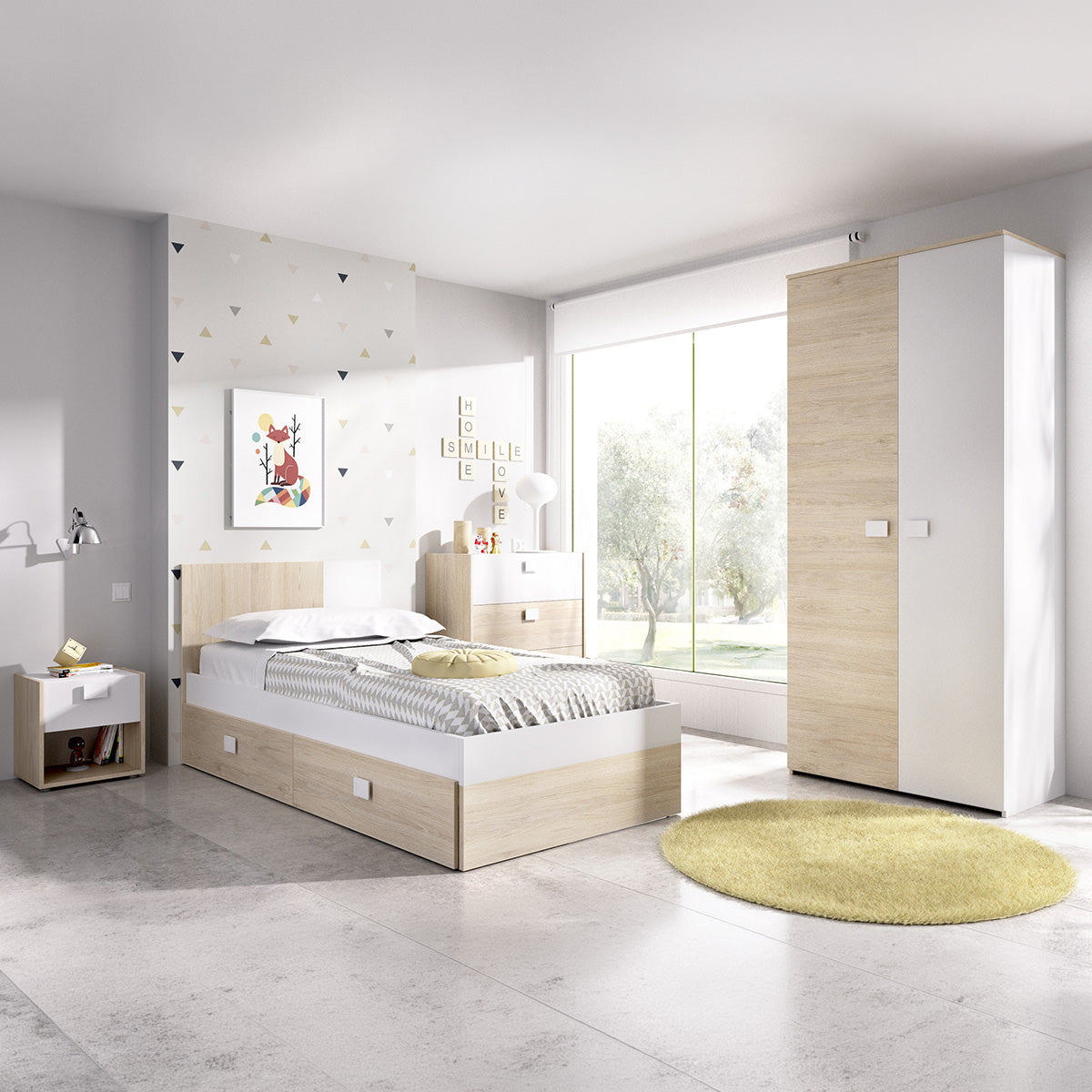 Pack poupança juvenil Quarto completo Dina com Colchão Nova 90 x 190 cm e Estrado