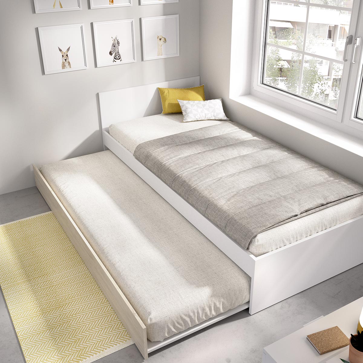 Pack poupança juvenil Cama auxiliar com Cabeceira Top, 1 Estrado e 2 Colchões viscoelásticos Nova 90 x 190 cm