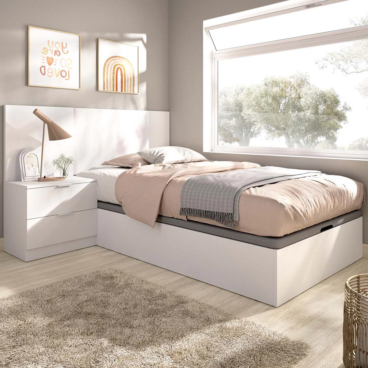 Pack juvenil económico Canapé com Cabeceira e uma Mesa de Cabeceira Flow, e Colchão viscoelástico Nova de 90 x 190 cm