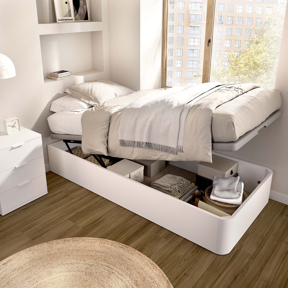Pack de poupança juvenil Canapé Round com Colchão viscoelástico Nova Plus 105 x 190 cm e Mesa de cabeceira Rio