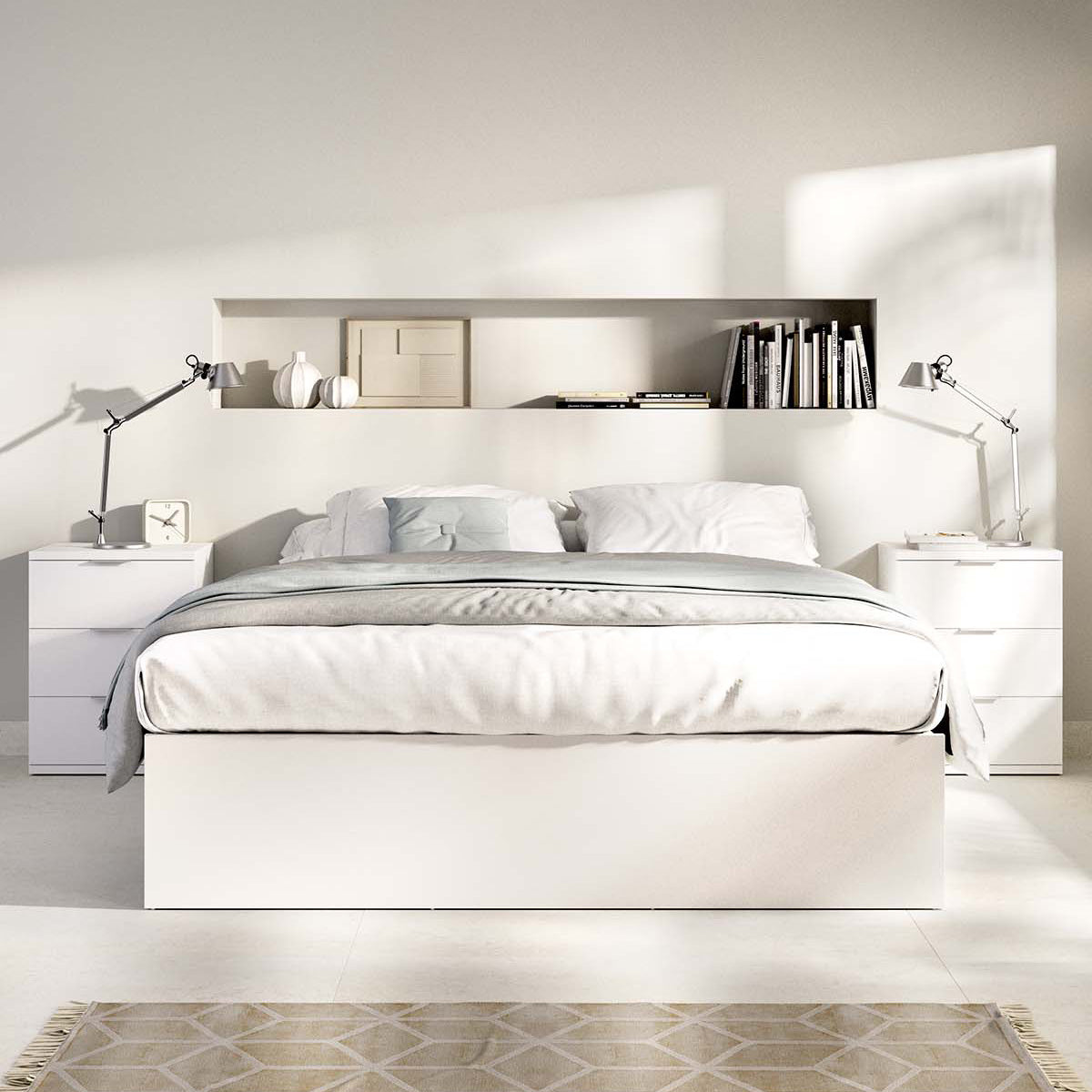 Pack económico casamento Cama compacta, 2 Mesas de cabeceira, Colchão viscoelástico Nova Plus e Estrado 150 x 190 cm