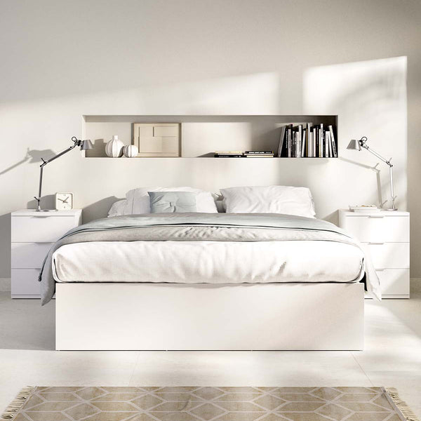 Pack económico casamento Cama compacta, 2 Mesas de cabeceira, Colchão viscoelástico Nova Plus e Estrado 150 x 190 cm