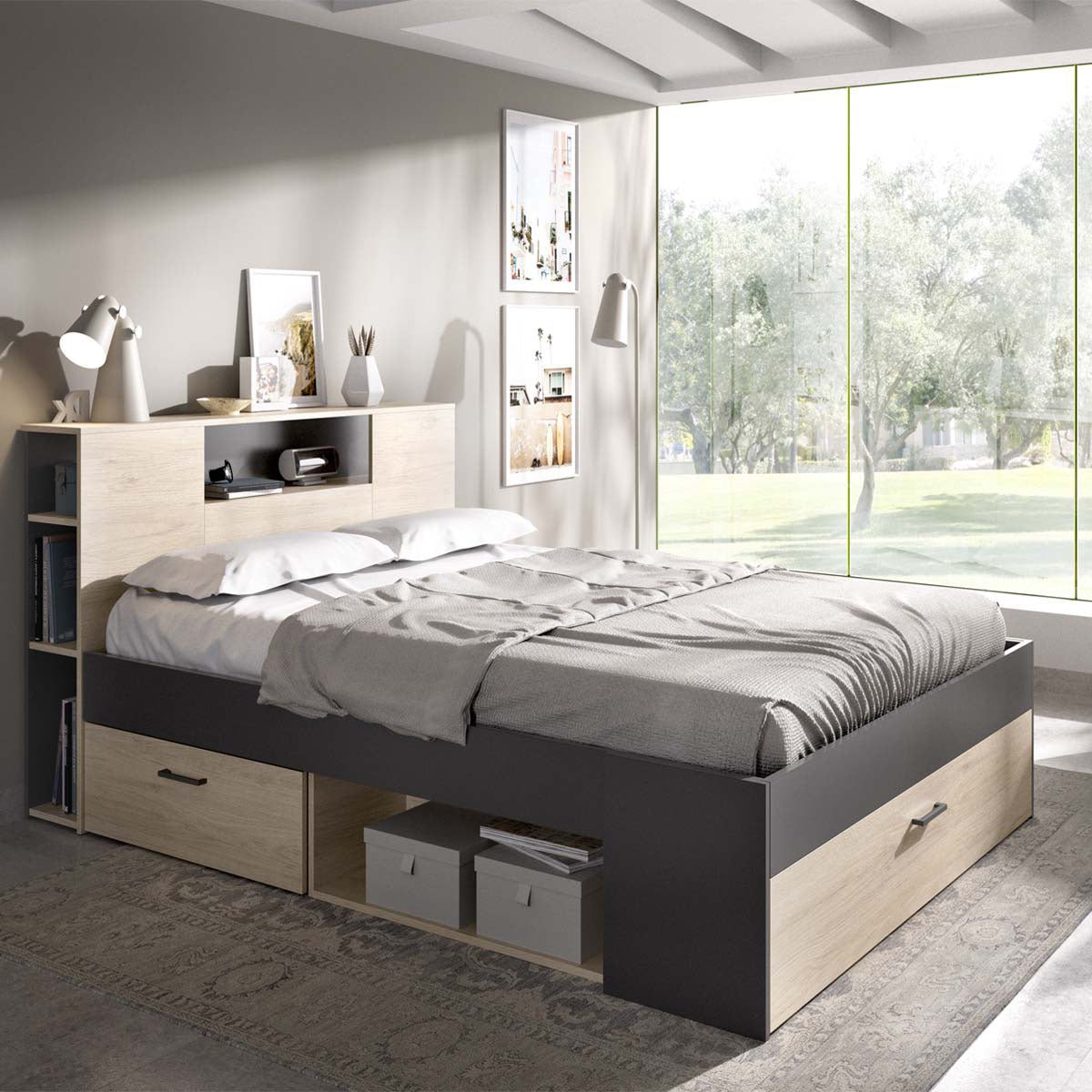 Pack poupança casamento Cama Lanka com cabeceira, Colchão Aurea e Estrado 135 x 190 cm