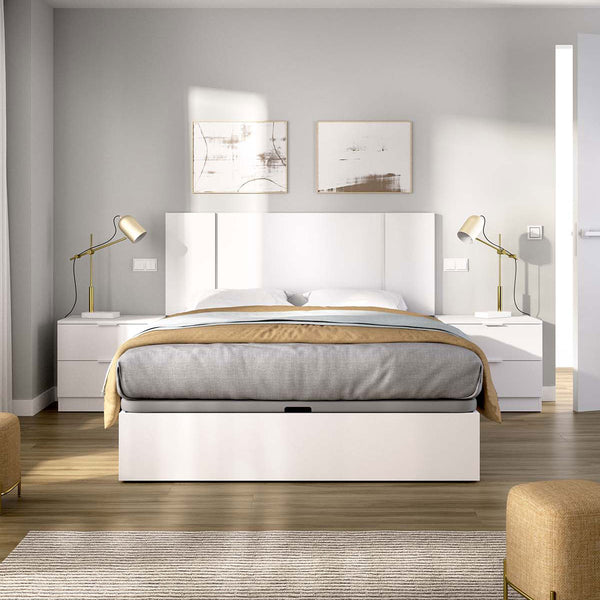 Pack poupança casal Canapé, Cabeceira com 2 Mesinhas Flow e Colchão viscoelástico Nova Plus 135 x 190 cm