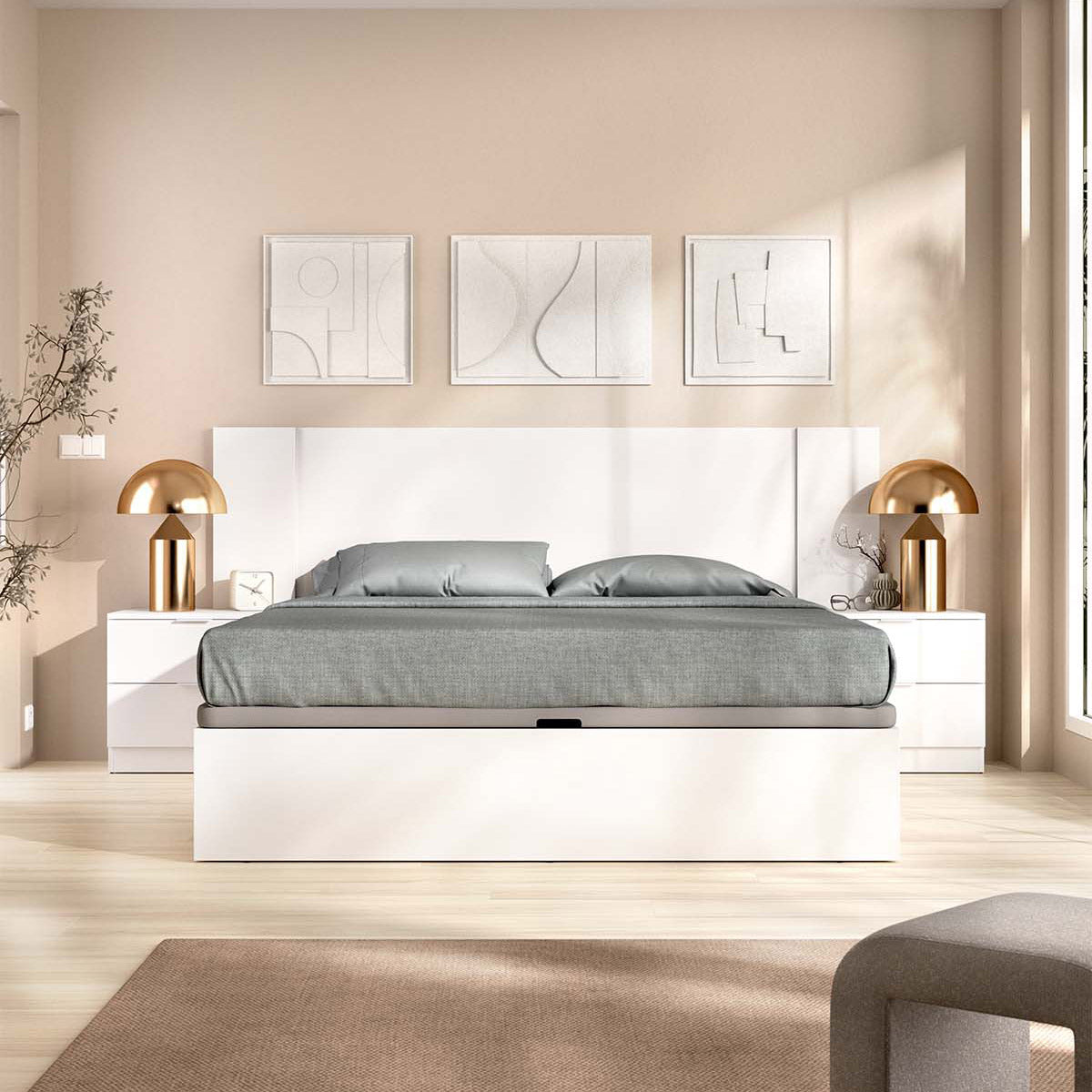 Pack económico Casamento Canapé, Cabeceira com 2 Mesinhas de Cabeceira Len e Colchão Viscoelástico Nova Plus 150 x 190 cm