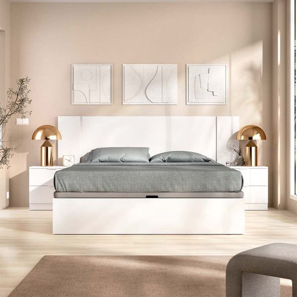 Pack económico Casamento Canapé, Cabeceira com 2 Mesinhas de Cabeceira Len e Colchão Viscoelástico Nova Plus 150 x 190 cm
