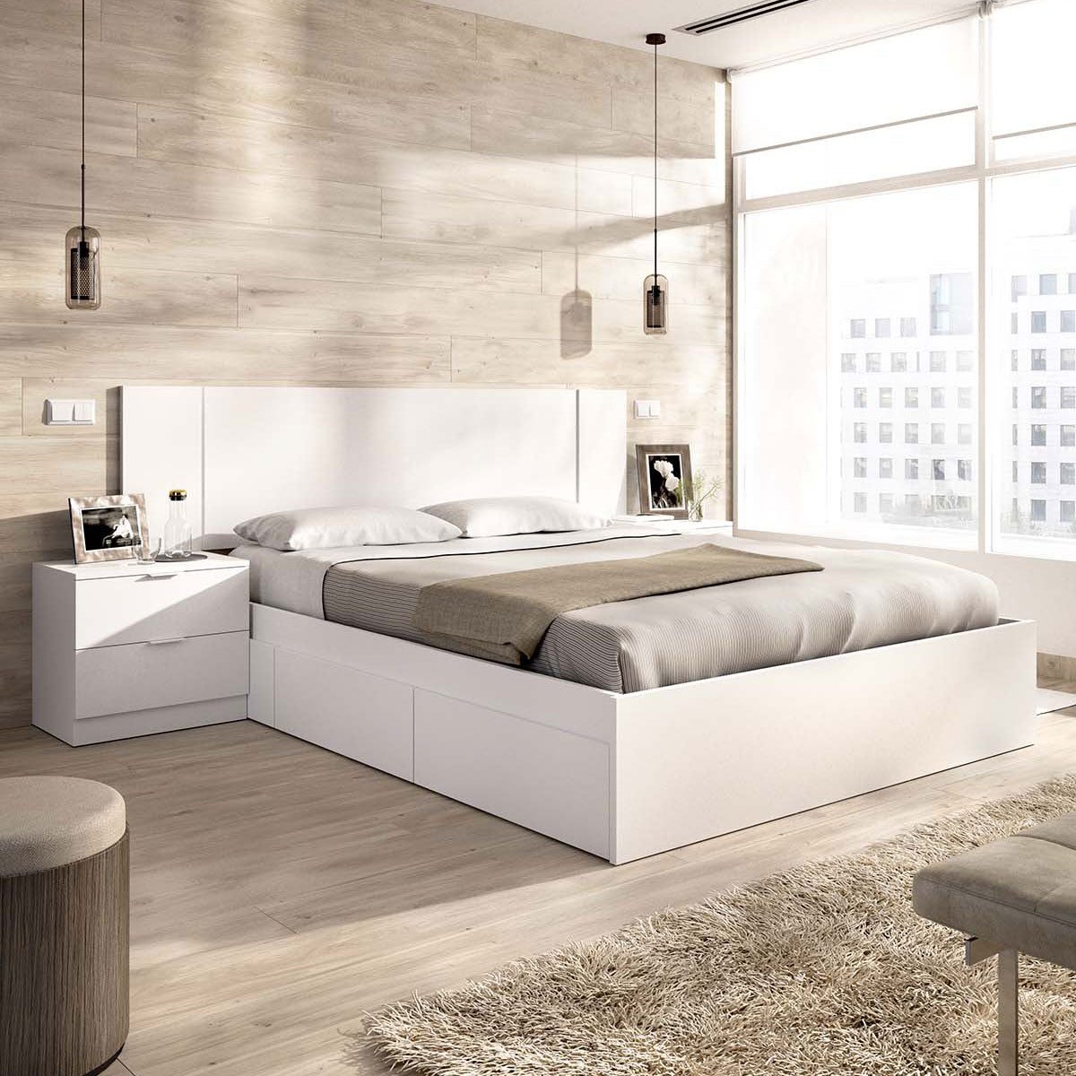 Pack poupança de casamento Cama compacta, Cabeceira e 2 Mesinhas de cabeceira Len, Colchão viscoelástico e de molas Aurea e Estrado de ripas 150 x 190 cm