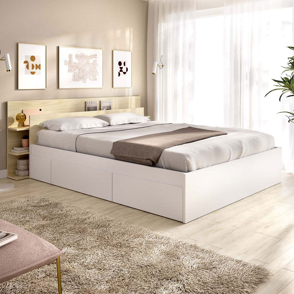 Pacote de poupança para casamento Cama compacta, Cabeceira Tori, Colchão viscoelástico e de molas Aurea e Estrado 150 x 190 cm