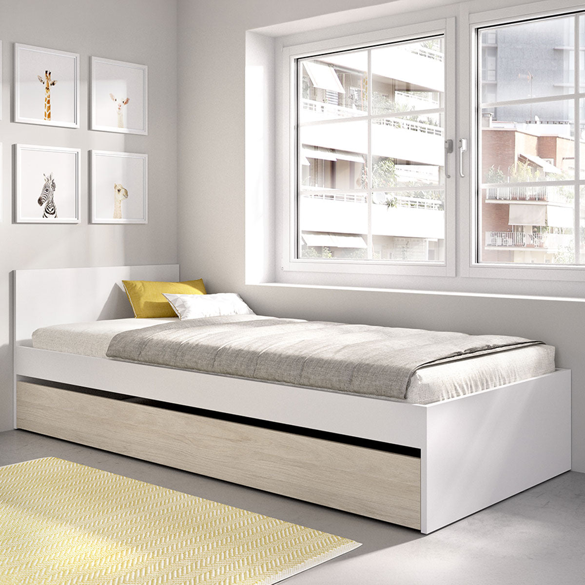 Pack poupança juvenil Cama auxiliar com Cabeceira Top, 1 Estrado e 2 Colchões viscoelásticos Nova 90 x 190 cm