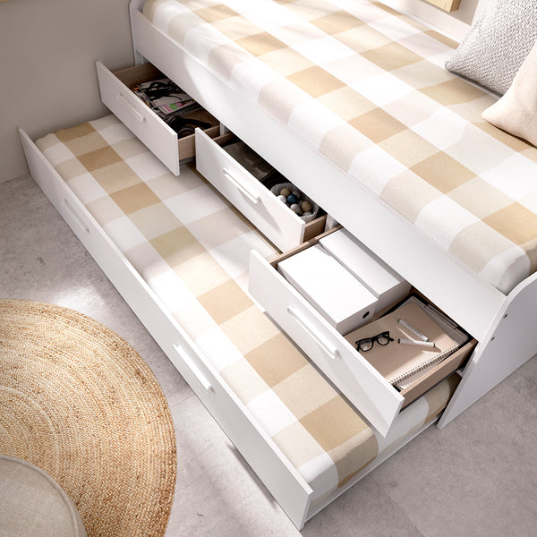Pack poupança juvenil Cama auxiliar Leka com 3 gavetas, 1 Estrado e 2 Colchões viscoelásticos Nova 90 x 190 cm