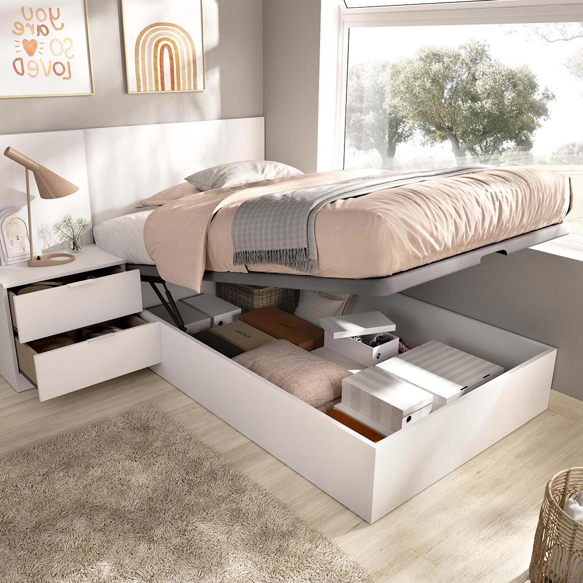 Pack juvenil económico Canapé com Cabeceira e uma Mesa de Cabeceira Flow, e Colchão viscoelástico Nova de 90 x 190 cm
