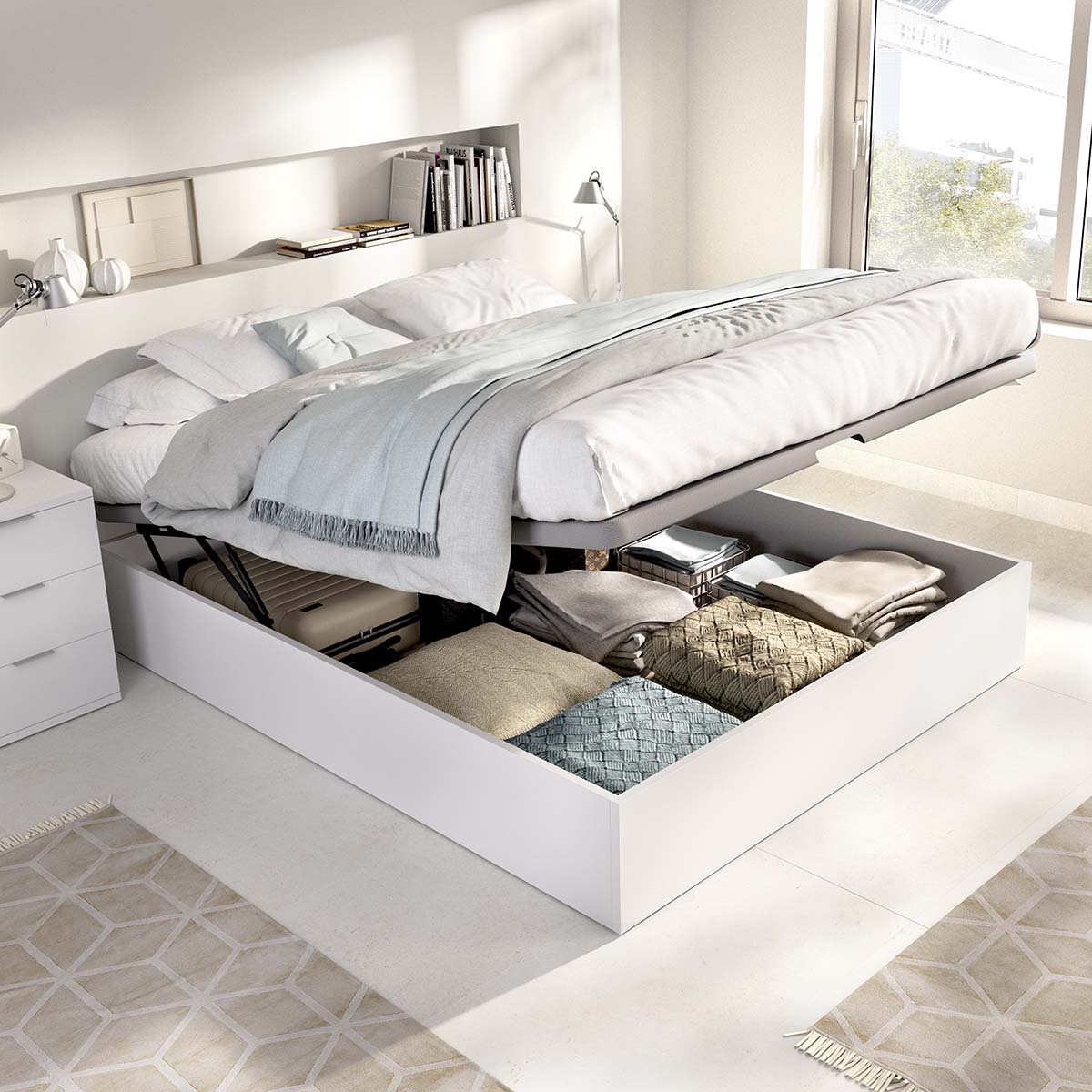 Pack poupança casal: Canapé Nest, 2 Mesas de cabeceira e Colchão viscoelástico Nova Plus 150 x 190 cm