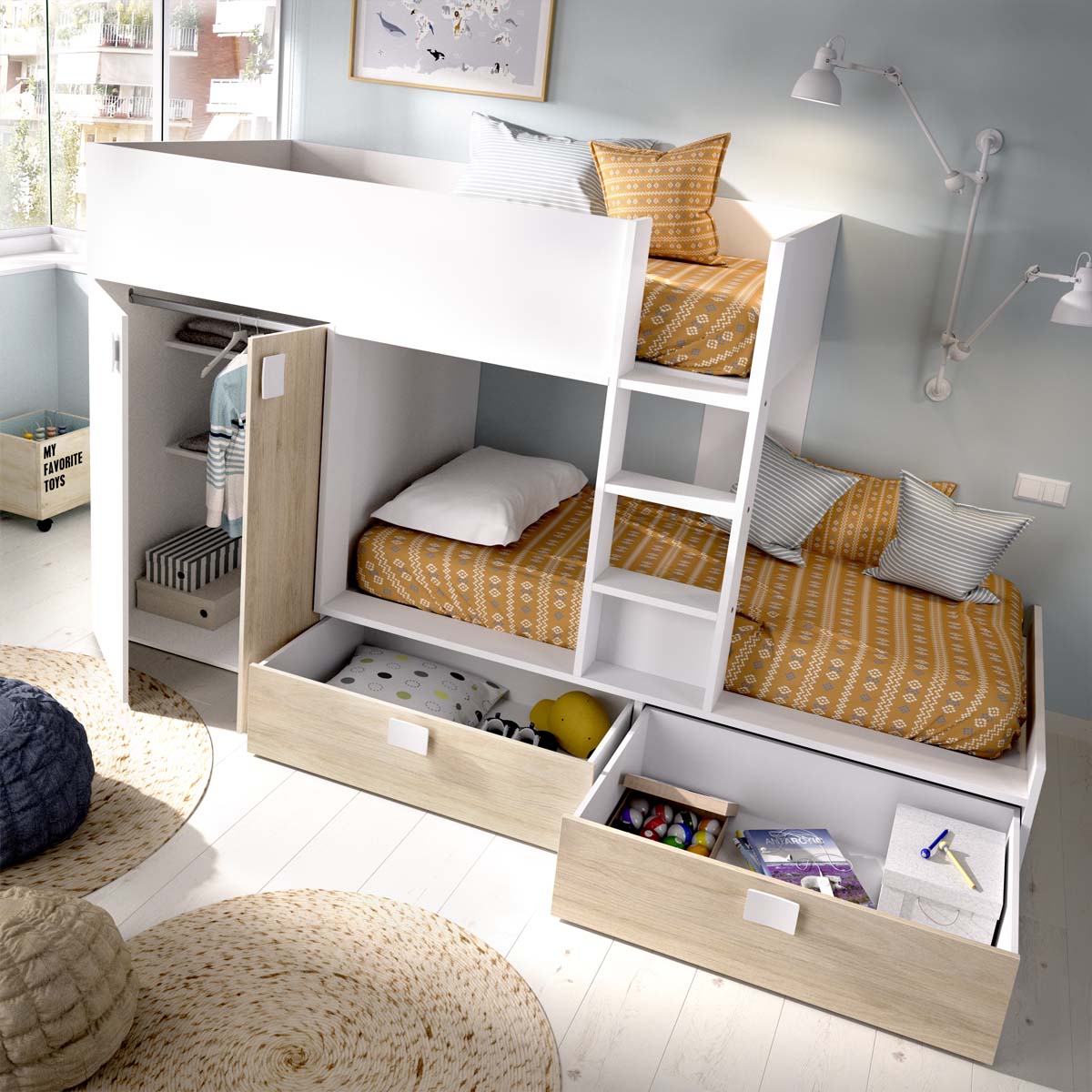 Pacote de poupança juvenil Cama beliche Matt com 2 Colchões viscoelásticos Nova 90 x 190 cm