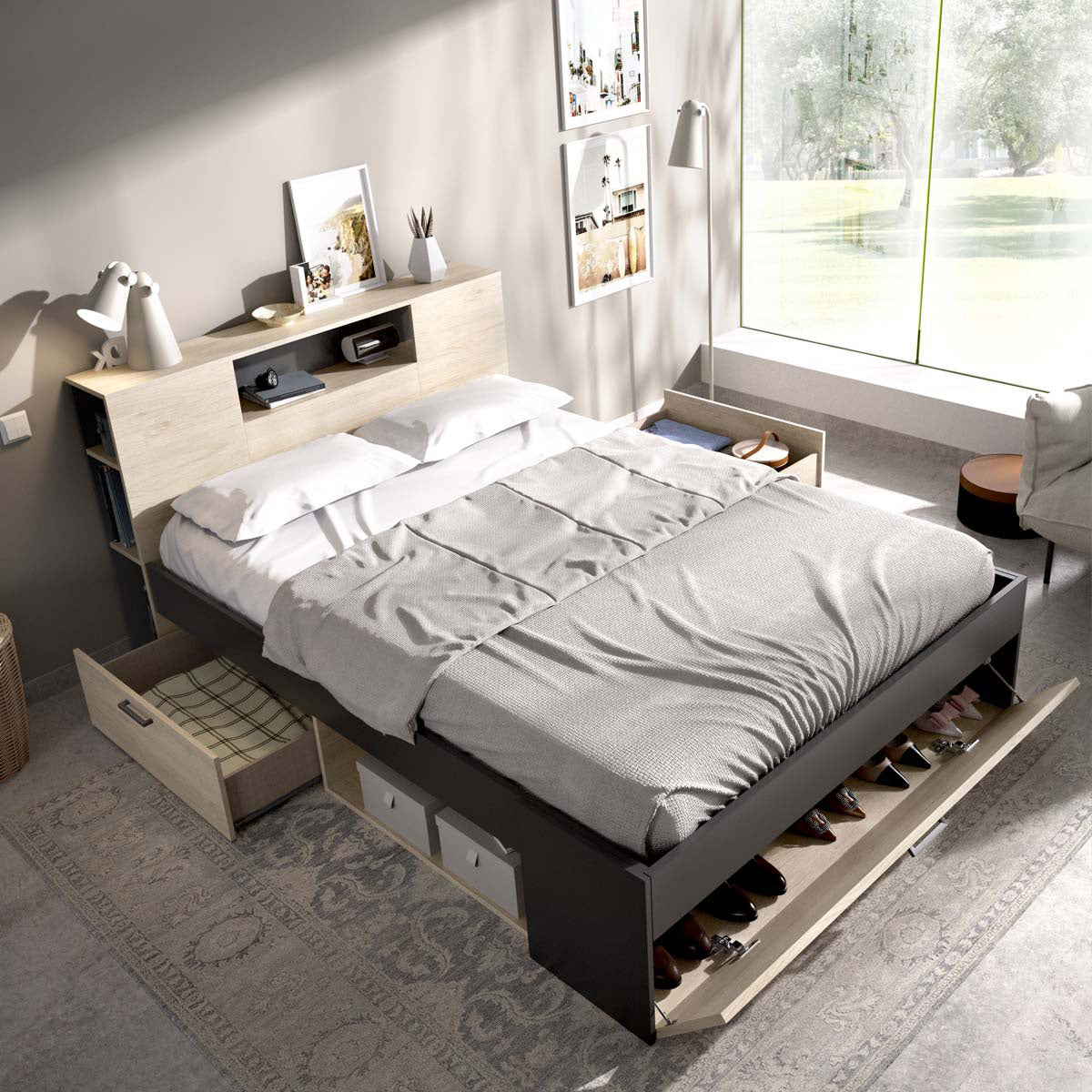 Pack poupança casamento Cama Lanka com cabeceira, Colchão Nova Plus e Estrado 135 x 190 cm