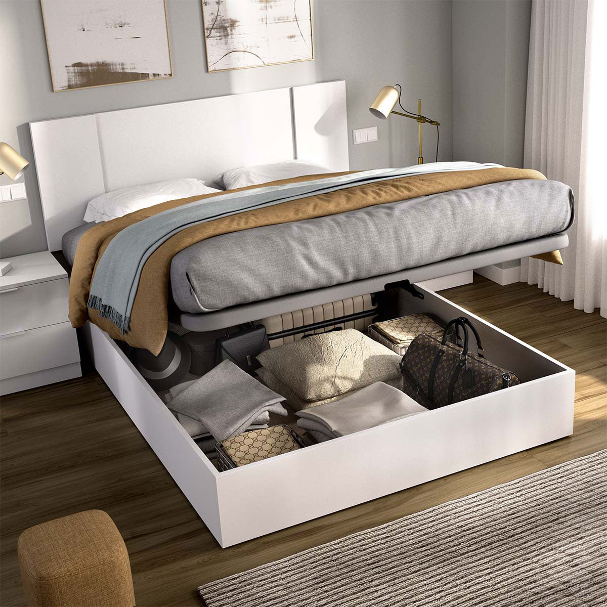 Pack poupança casal Canapé, Cabeceira com 2 Mesinhas Flow e Colchão viscoelástico Nova Plus 135 x 190 cm