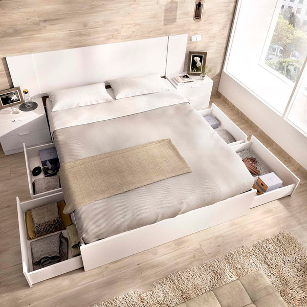 Pack poupança casamento Cama compacta, Cabeceira e 2 Mesas de cabeceira Len, Colchão viscoelástico Nova Plus e Estrado 150 x 190 cm