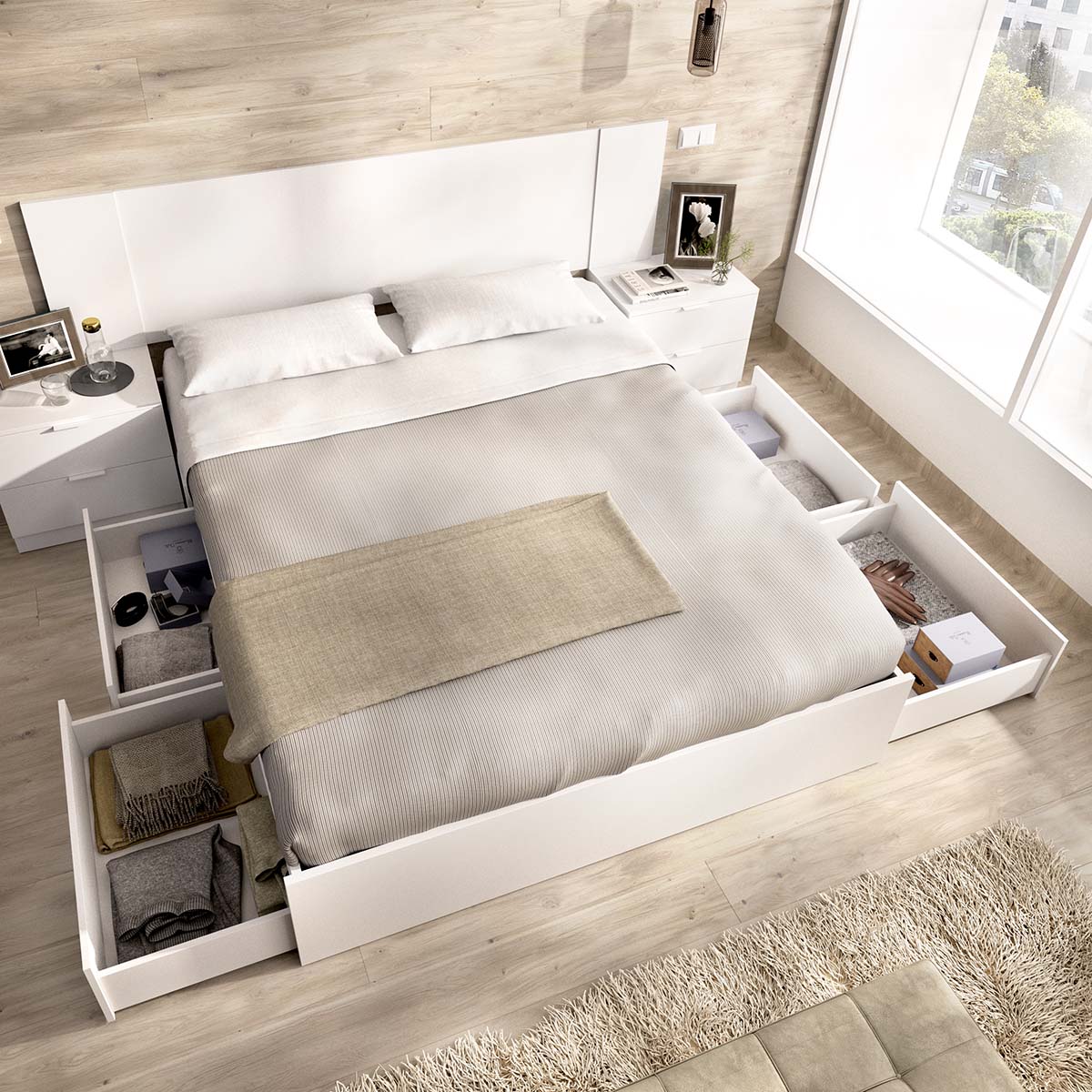 Pack poupança de casamento Cama compacta, Cabeceira e 2 Mesinhas de cabeceira Len, Colchão viscoelástico e de molas Aurea e Estrado de ripas 150 x 190 cm