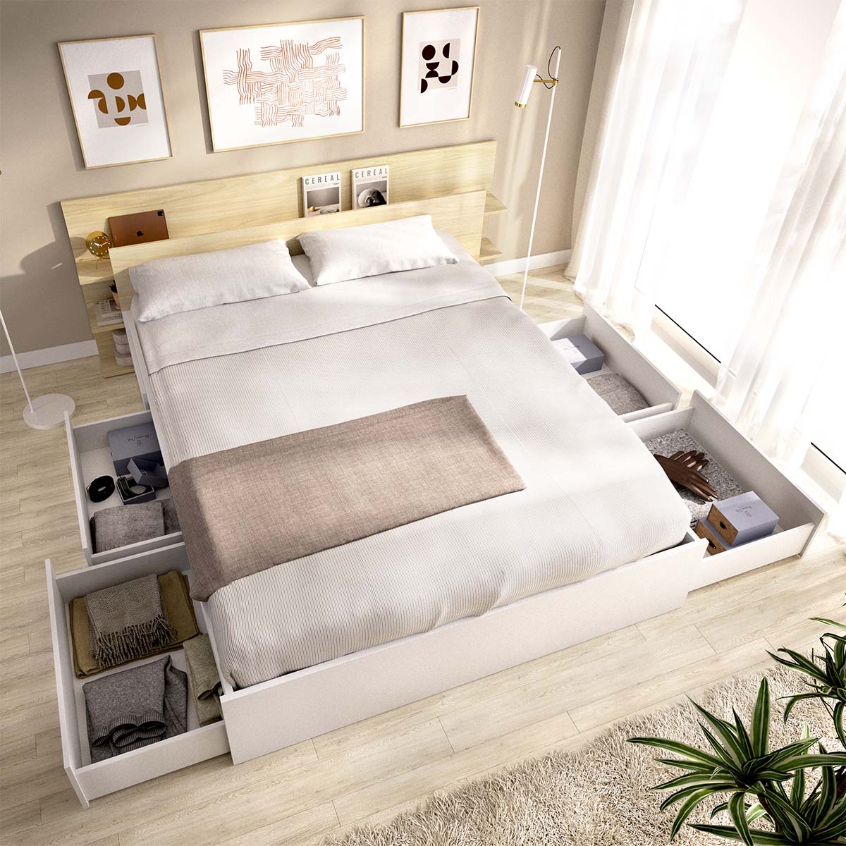 Pacote de poupança para casamento Cama compacta, Cabeceira Tori, Colchão viscoelástico e de molas Aurea e Estrado 150 x 190 cm