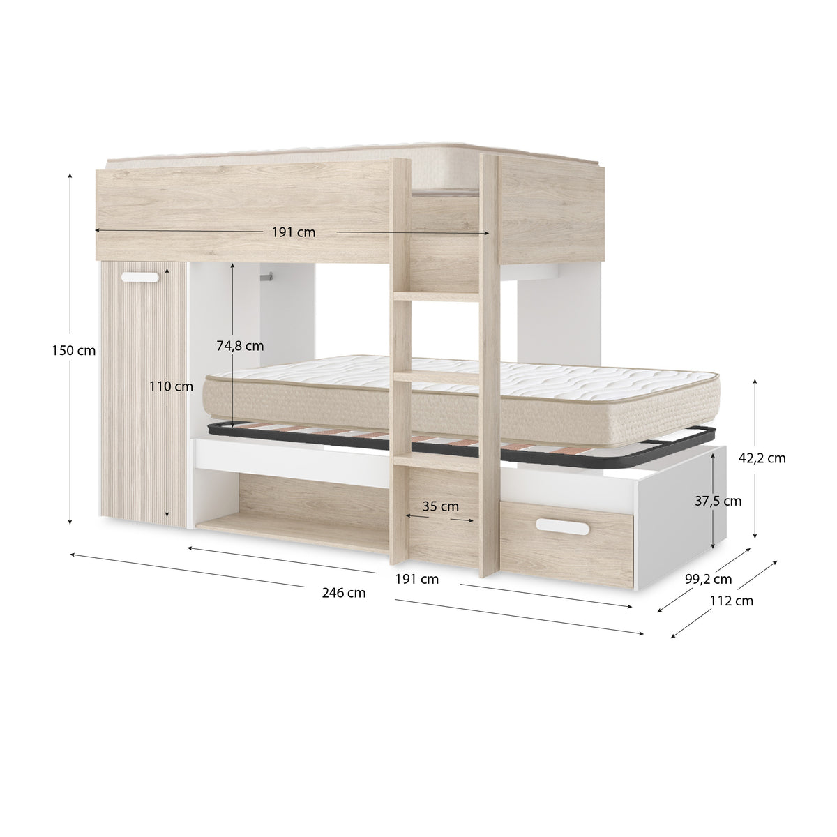 Pack Poupança Juvenil Cama Comboio Kos, 1 Estrado e 2 Colchões Viscoelásticos Nova 90 x 190 cm
