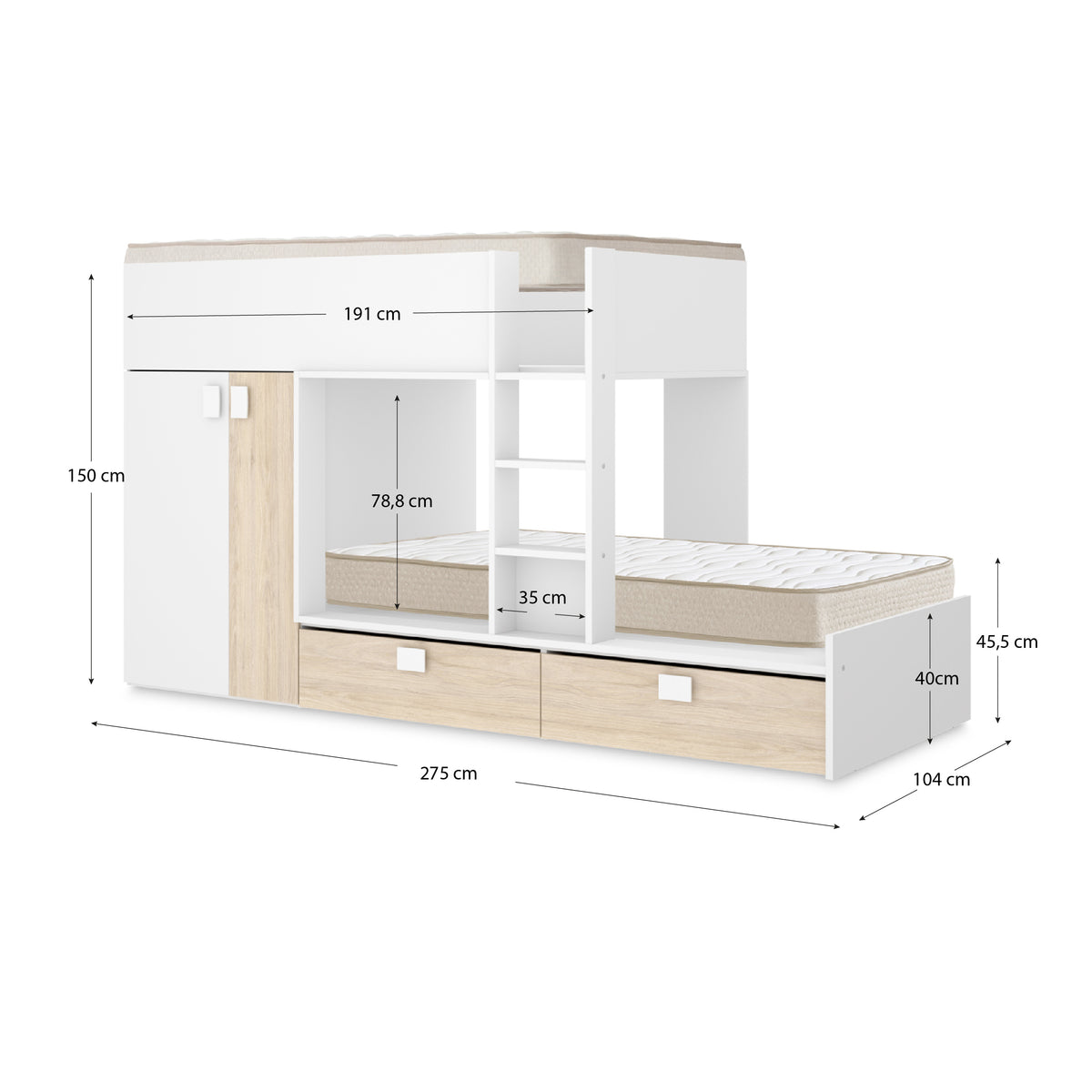 Pacote de poupança juvenil Cama beliche Matt com 2 Colchões viscoelásticos Nova 90 x 190 cm