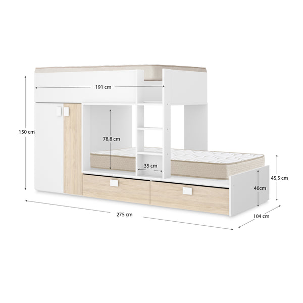 Pacote de poupança juvenil Cama beliche Matt com 2 Colchões viscoelásticos Nova 90 x 190 cm