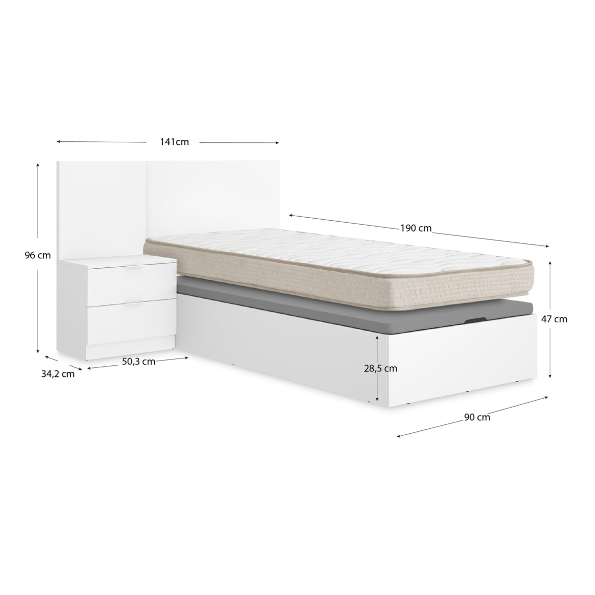 Pack juvenil económico Canapé com Cabeceira e uma Mesa de Cabeceira Flow, e Colchão viscoelástico Nova de 90 x 190 cm