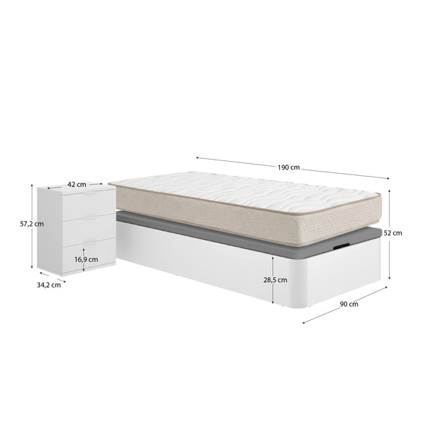Pack poupança juvenil Canapé Round com Colchão viscoelástico Nova Plus 90 x 190 cm e Mesa de cabeceira Rio