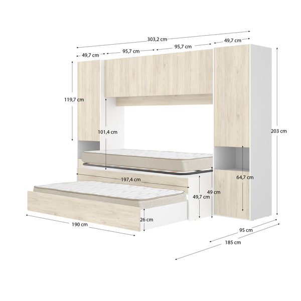 Pack de poupança juvenil Quarto tipo ponte Kwai, 1 Estrado e 2 Colchões viscoelásticos Nova 90 x 190 cm