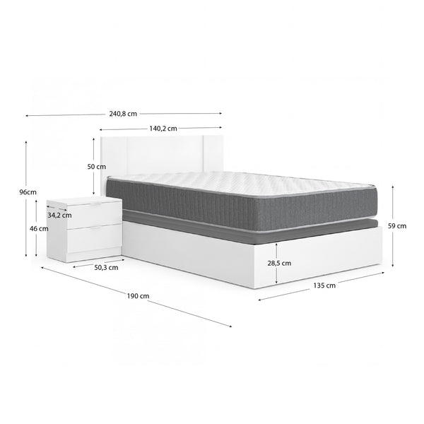 Pack poupança casamento Sommier, Cabeceira com 2 Mesas de Cabeceira Flow e Colchão viscoelástico e molas Aurea 135 x 190 cm