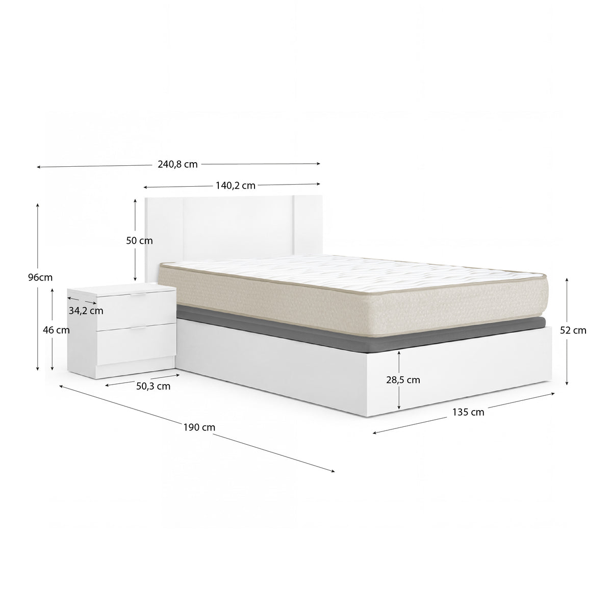 Pack poupança casal Canapé, Cabeceira com 2 Mesinhas Flow e Colchão viscoelástico Nova Plus 135 x 190 cm