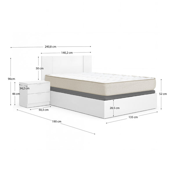Pack poupança casal Canapé, Cabeceira com 2 Mesinhas Flow e Colchão viscoelástico Nova Plus 135 x 190 cm