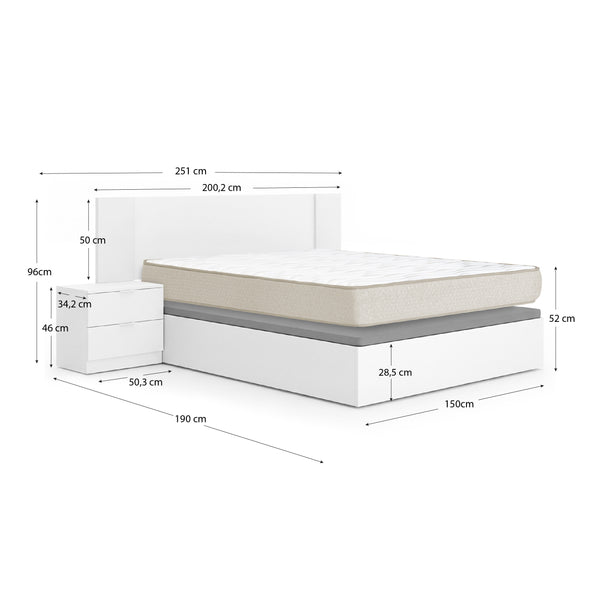 Pack económico Casamento Canapé, Cabeceira com 2 Mesinhas de Cabeceira Len e Colchão Viscoelástico Nova Plus 150 x 190 cm