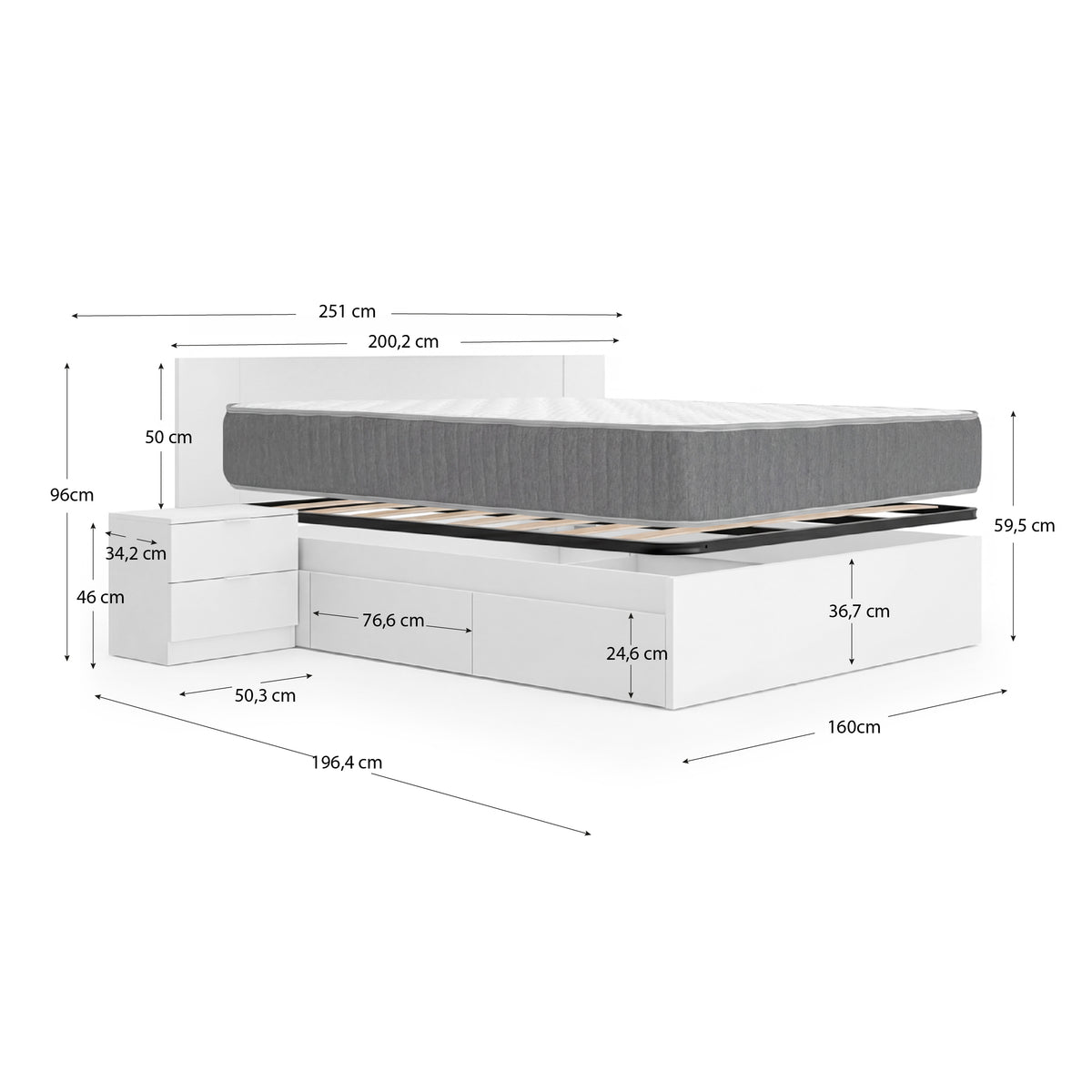 Pack poupança de casamento Cama compacta, Cabeceira e 2 Mesinhas de cabeceira Len, Colchão viscoelástico e de molas Aurea e Estrado de ripas 150 x 190 cm