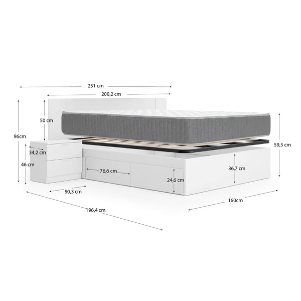 Pack poupança de casamento Cama compacta, Cabeceira e 2 Mesinhas de cabeceira Len, Colchão viscoelástico e de molas Aurea e Estrado de ripas 150 x 190 cm