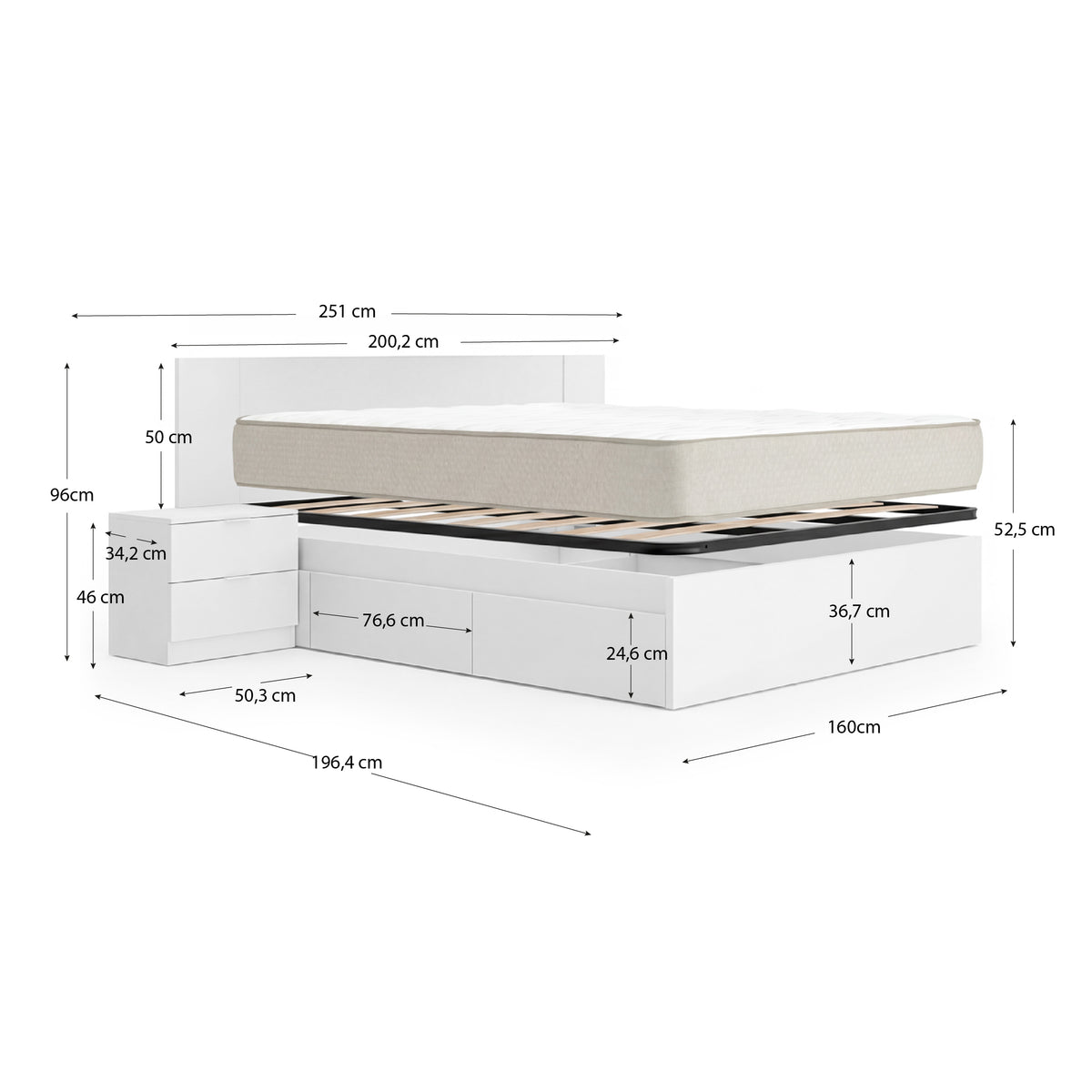 Pack poupança casamento Cama compacta, Cabeceira e 2 Mesas de cabeceira Len, Colchão viscoelástico Nova Plus e Estrado 150 x 190 cm