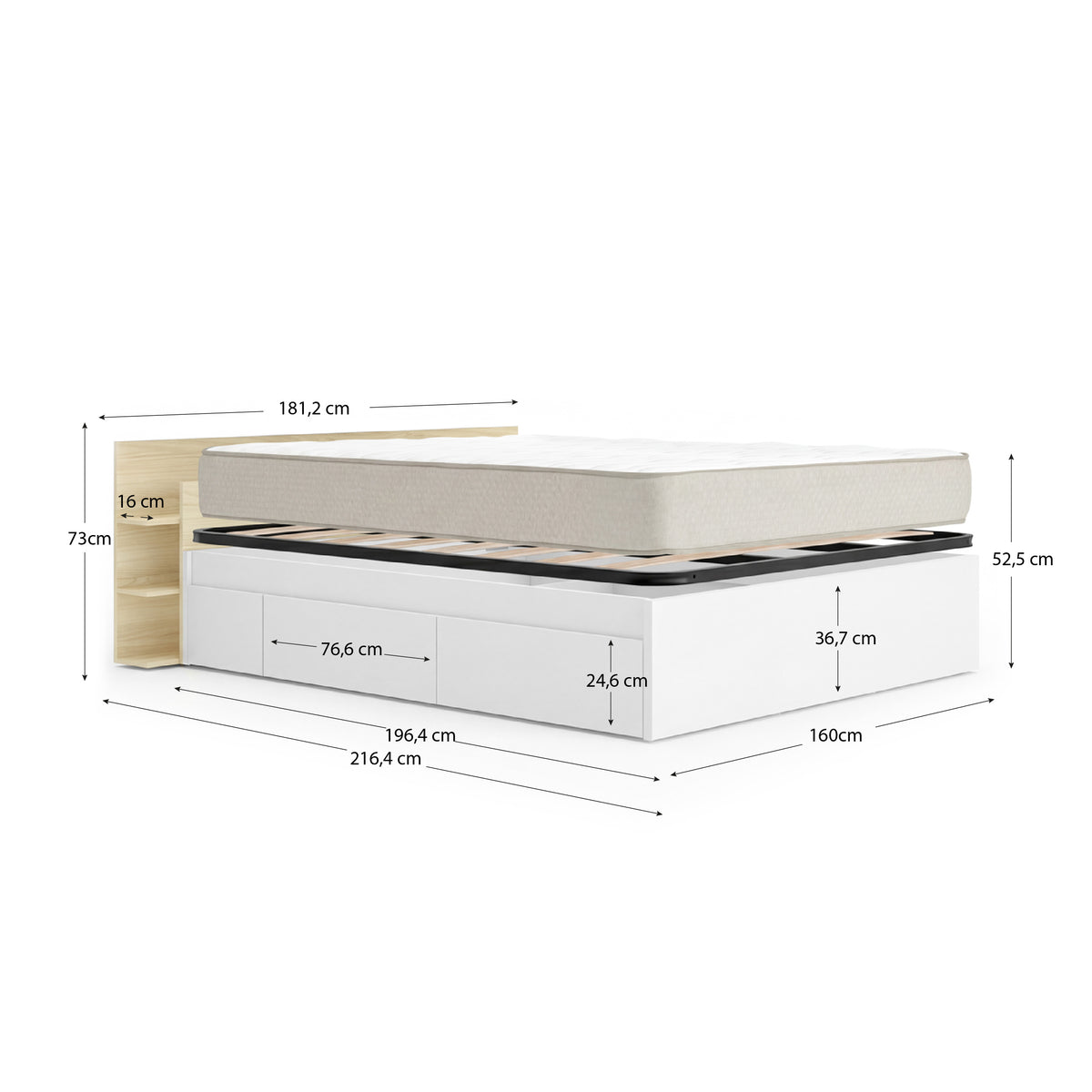 Pack Poupança Casamento Cama Compacta, Cabeceira Tori, Colchão Viscoelástico Nova Plus e Estrado de Ripas 150 x 190 cm