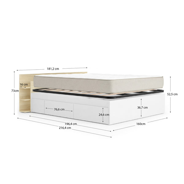Pack Poupança Casamento Cama Compacta, Cabeceira Tori, Colchão Viscoelástico Nova Plus e Estrado de Ripas 150 x 190 cm