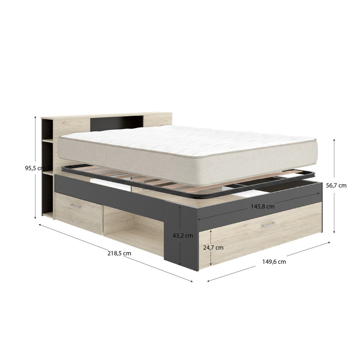 Pack poupança casamento Cama Lanka com cabeceira, Colchão Nova Plus e Estrado 135 x 190 cm