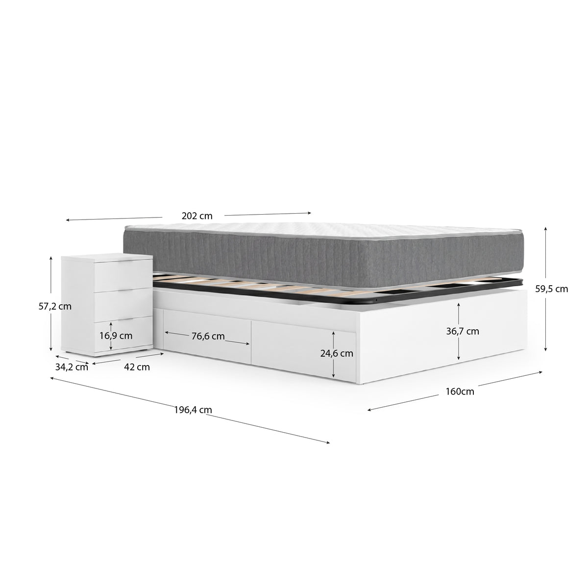 Pack económico de casal Cama compacta, 2 Mesas de cabeceira, Colchão viscoelástico e de molas Aurea e Estrado de ripas 150 x 190 cm