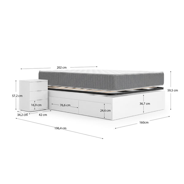 Pack económico de casal Cama compacta, 2 Mesas de cabeceira, Colchão viscoelástico e de molas Aurea e Estrado de ripas 150 x 190 cm
