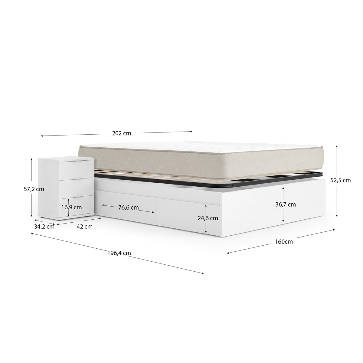 Pack económico casamento Cama compacta, 2 Mesas de cabeceira, Colchão viscoelástico Nova Plus e Estrado 150 x 190 cm