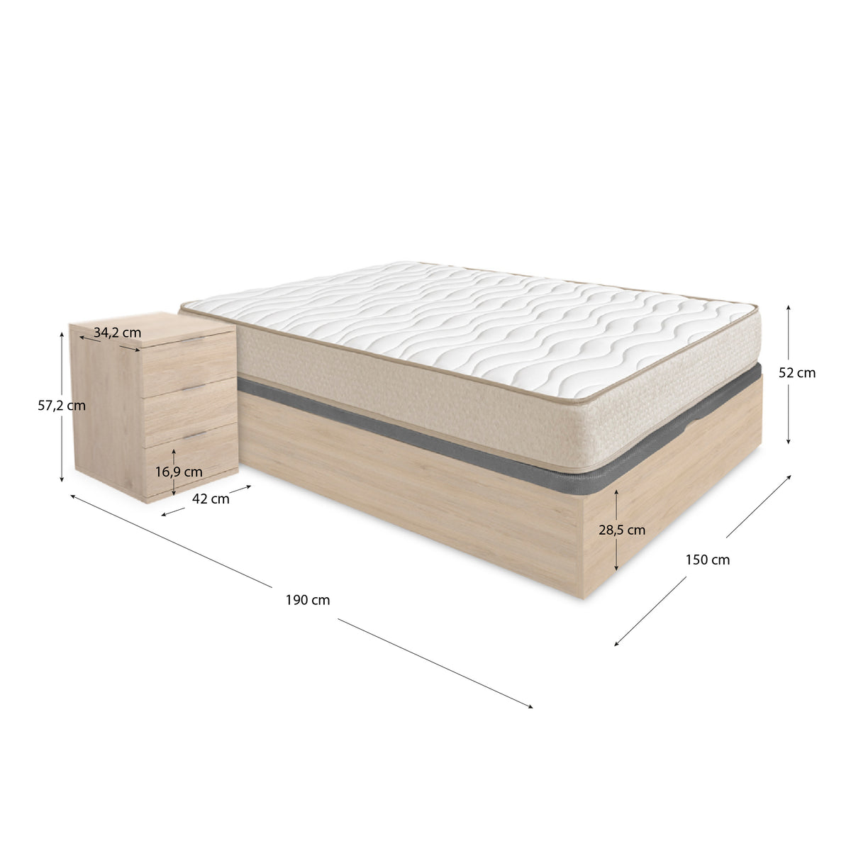 Pack poupança casal: Canapé Nest, 2 Mesas de cabeceira e Colchão viscoelástico Nova Plus 150 x 190 cm